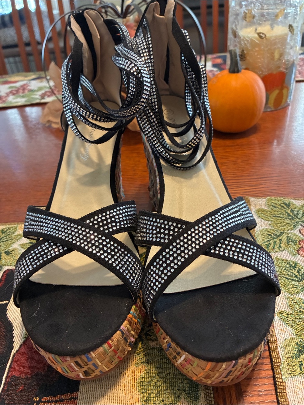 Black Rhinestone Ankle-Wrap Wedge Sandals - Picture 4 of 4